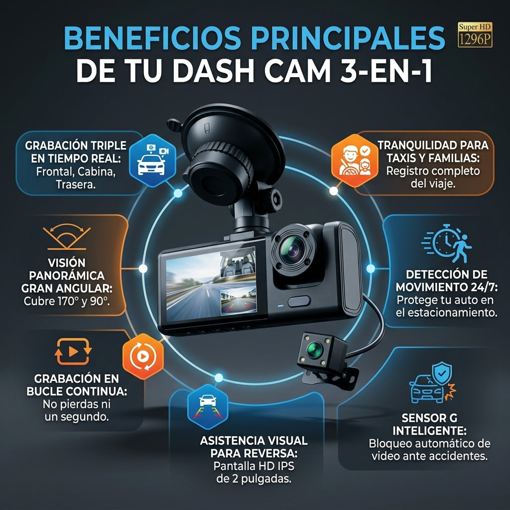 Camara Para Carro 3 En 1 Black Box: Cobertura total con tres cámaras integradas.