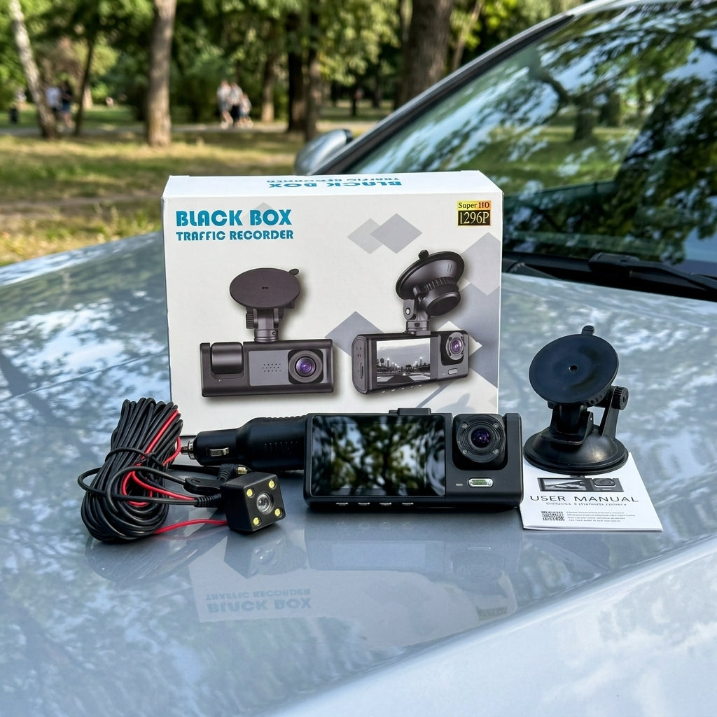 Camara Para Carro 3 En 1 Black Box: Cobertura total con tres cámaras integradas.